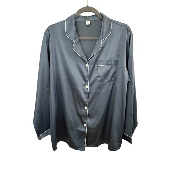 Womans Silky Feel Gray Pajama Set Top & Bottoms Button Up Top Unbranded Large - Picture 3 of 14